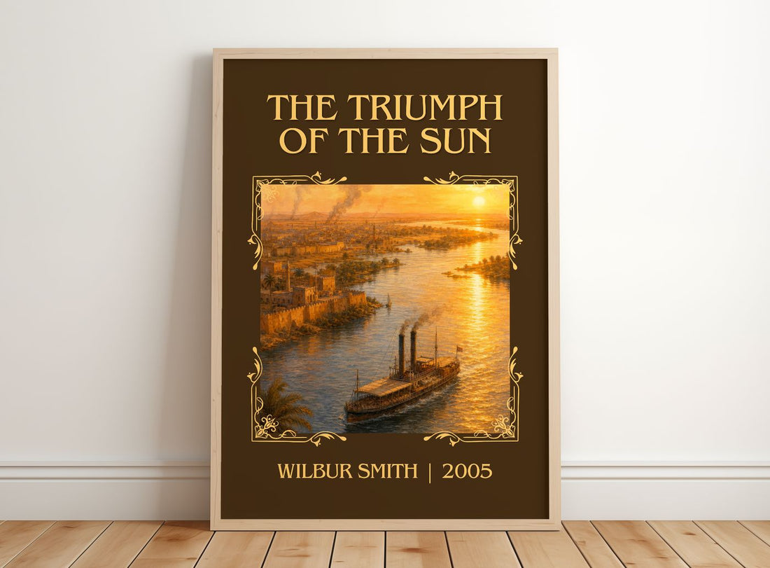 The Triumph of the Sun Classic Book Art Print by Wilbur Smith – framed print leaning on a wooden floor