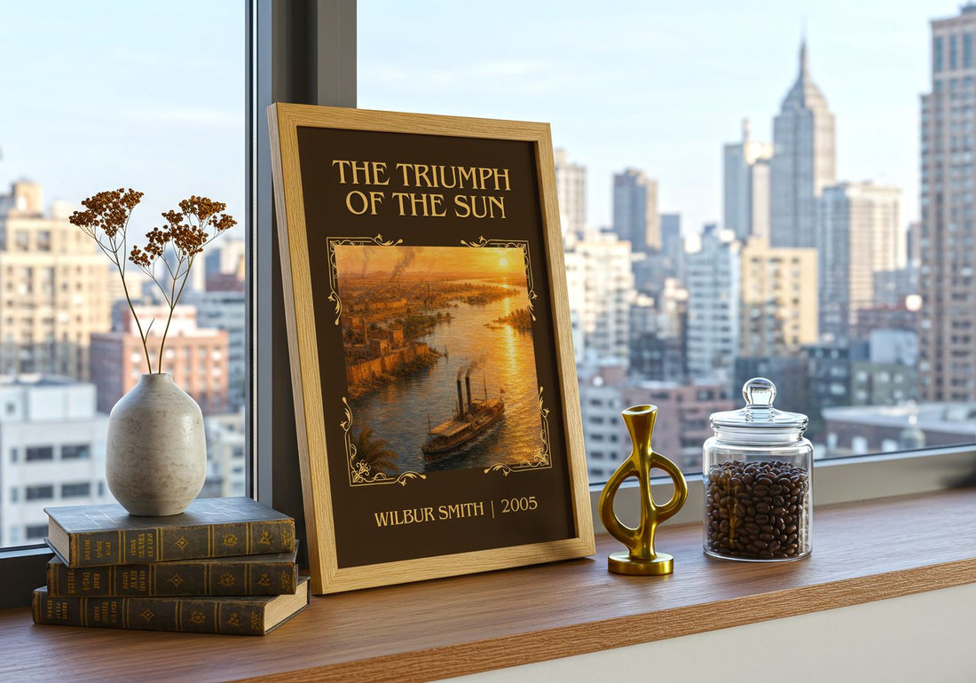 The Triumph of the Sun Classic Book Art Print by Wilbur Smith – framed print on a city-view windowsill