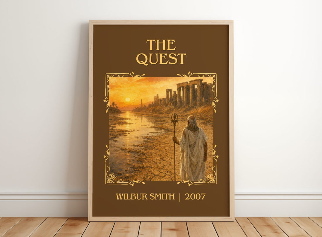 The Quest Classic Book Art Print by Wilbur Smith – framed print leaning on a wooden floor