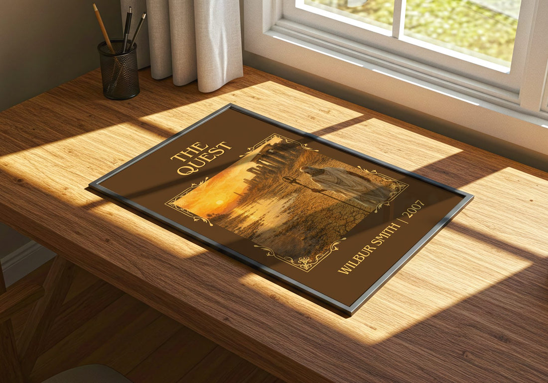 The Quest Classic Book Art Print by Wilbur Smith – print on a sunlit desk
