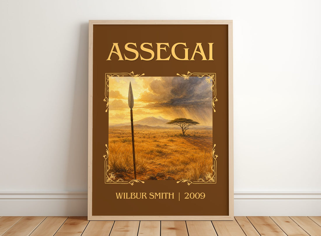 Assegai Classic Book Art Print by Wilbur Smith – framed print leaning on a wooden floor