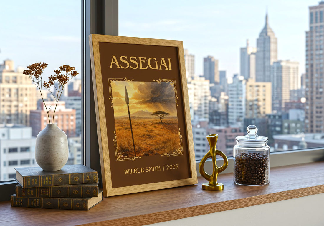 Assegai Classic Book Art Print by Wilbur Smith – framed print on a city-view windowsill