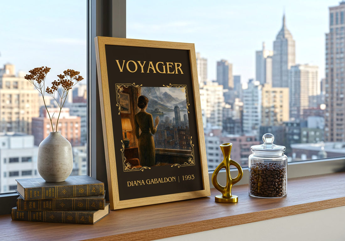 Voyager Classic Book Art Print by Diana Gabaldon – framed print on a city-view windowsill