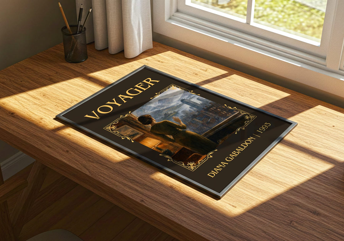 Voyager Classic Book Art Print by Diana Gabaldon – print on a sunlit desk