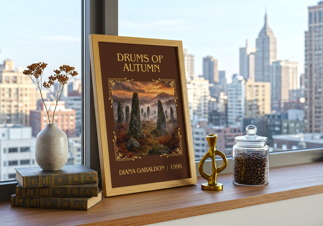 Drums of Autumn Classic Book Art Print by Diana Gabaldon – framed print on a city-view windowsill