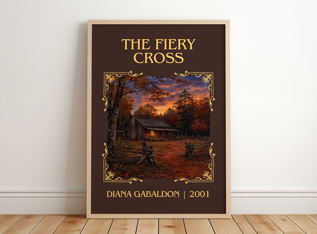 The Fiery Cross Classic Book Art Print by Diana Gabaldon – framed print leaning on a wooden floor