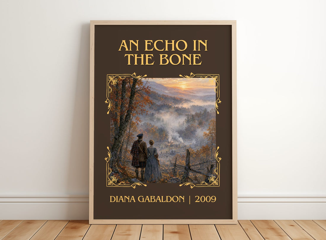 An Echo in the Bone Classic Book Art Print by Diana Gabaldon – framed print leaning on a wooden floor