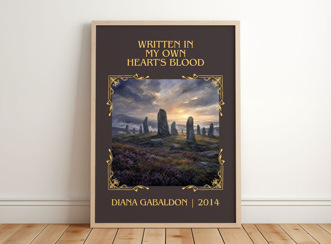 Written in My Own Heart's Blood Classic Book Art Print by D. Gabaldon – framed print leaning on a wooden floor
