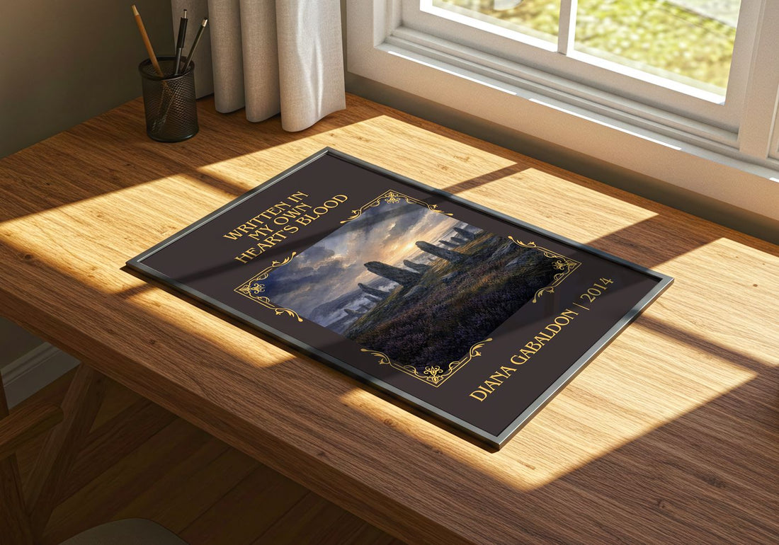 Written in My Own Heart's Blood Classic Book Art Print by D. Gabaldon – print on a sunlit desk