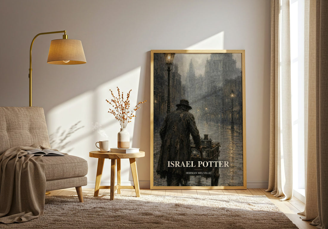 Israel Potter watercolour print in frame leaning in hallway – historical fiction wall art (mockup)