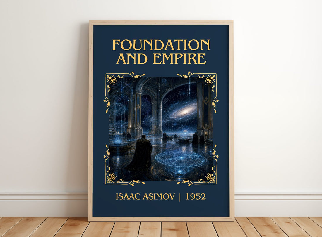 Foundation and Empire Classic Book Art Print by Isaac Asimov – framed print leaning on a wooden floor