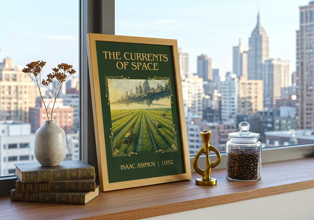 The Currents of Space Classic Book Art Print by Isaac Asimov – framed print on a city-view windowsill