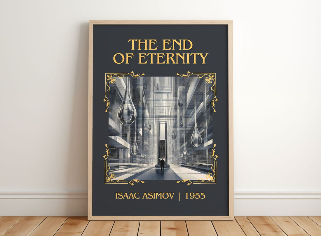 The End of Eternity Classic Book Art Print by Isaac Asimov – framed print leaning on a wooden floor