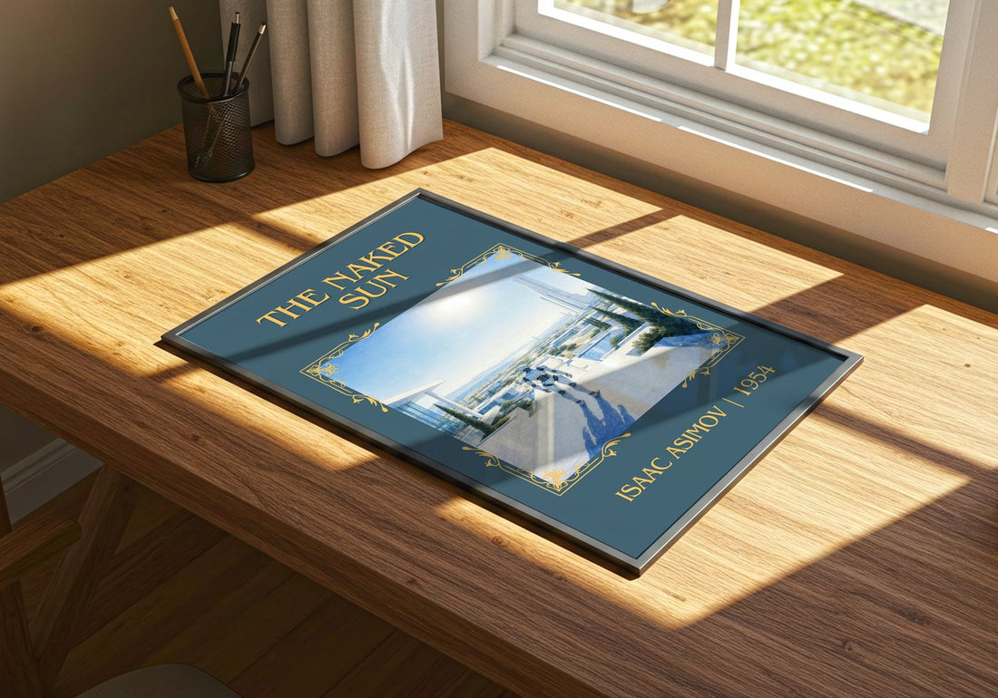 The Naked Sun Classic Book Art Print by Isaac Asimov – print on a sunlit desk