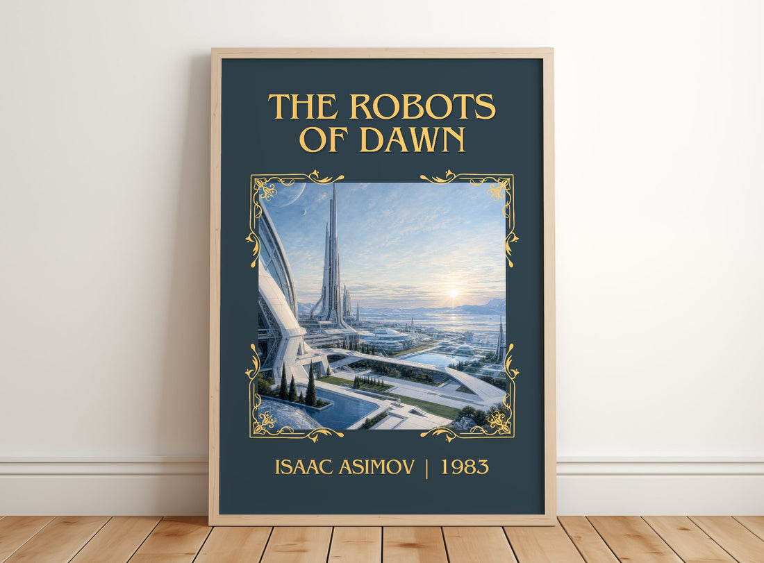 The Robots of Dawn Classic Book Art Print by Isaac Asimov – framed print leaning on a wooden floor