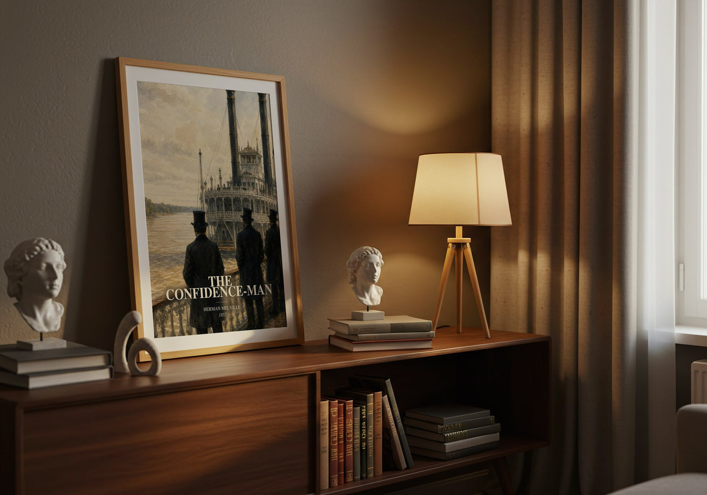 The Confidence-Man watercolour print on bookshelf – Herman Melville fan gift