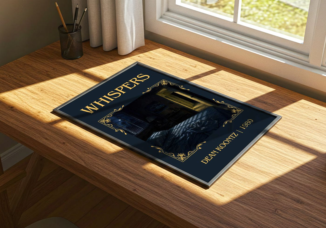 Whispers Classic Book Art Print by Dean Koontz – print on a sunlit desk