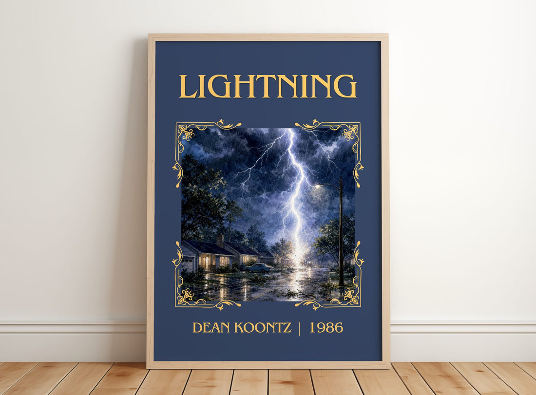 Lightning Classic Book Art Print by Dean Koontz – framed print leaning on a wooden floor