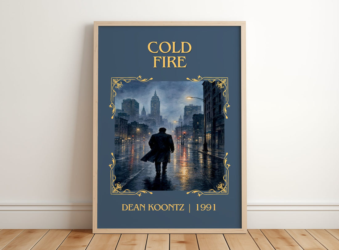 Cold Fire Classic Book Art Print by Dean Koontz – framed print leaning on a wooden floor