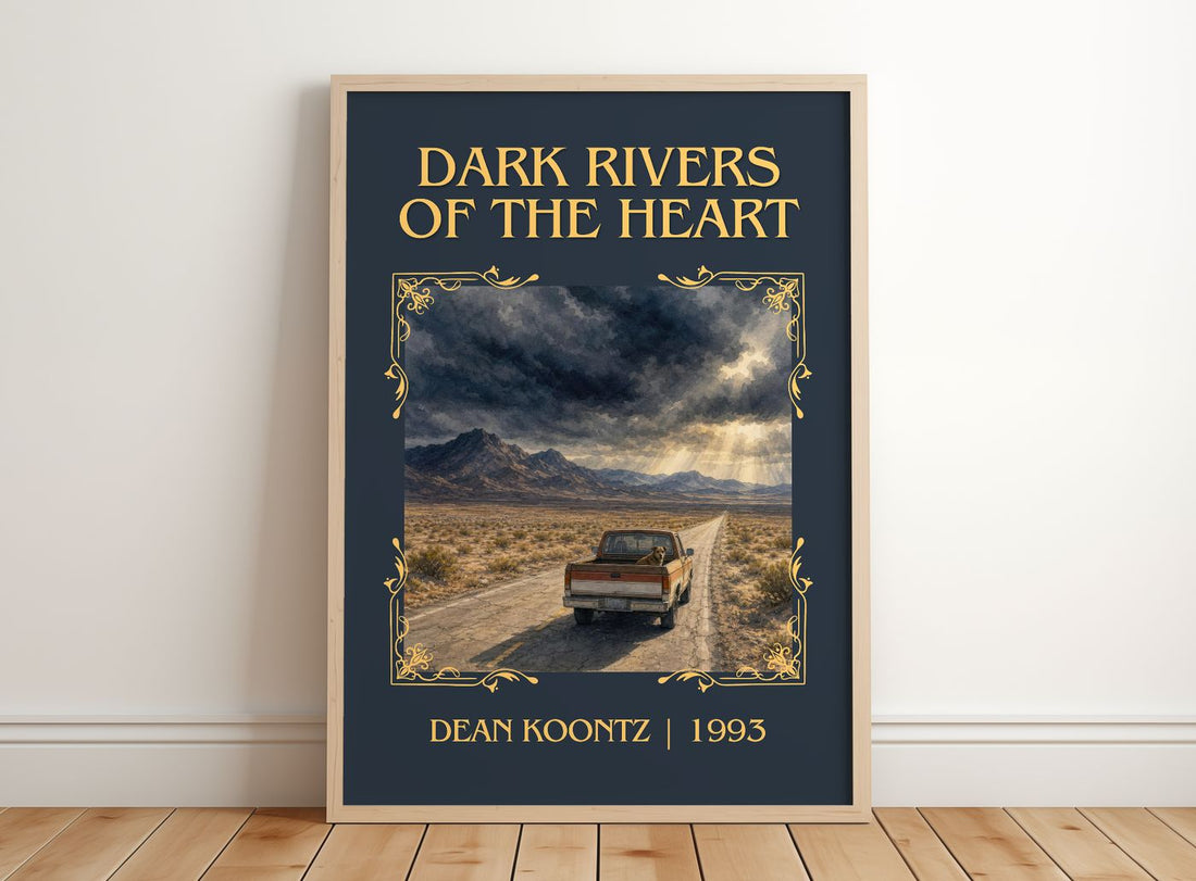 Dark Rivers of the Heart Classic Book Art Print by Dean Koontz – framed print leaning on a wooden floor