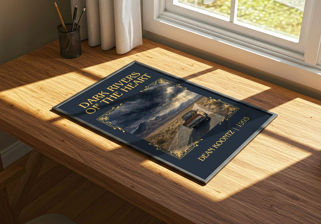 Dark Rivers of the Heart Classic Book Art Print by Dean Koontz – print on a sunlit desk