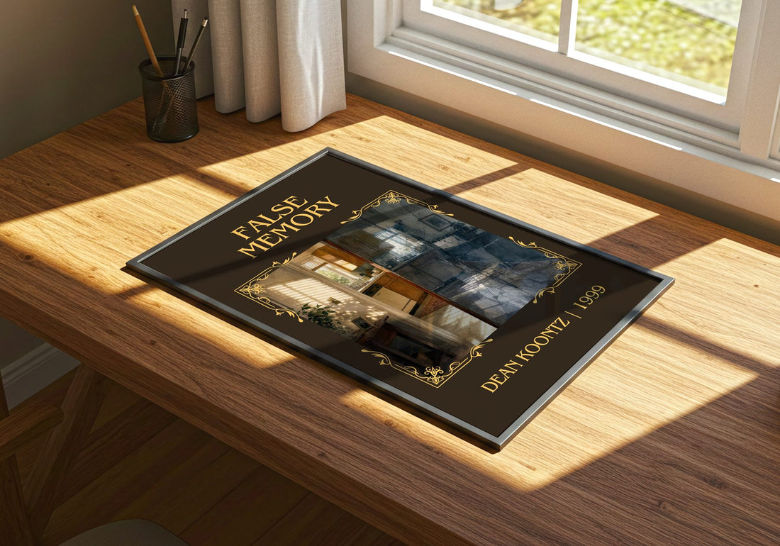 False Memory Classic Book Art Print by Dean Koontz – print on a sunlit desk
