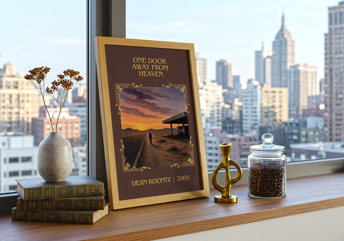 One Door Away from Heaven Classic Book Art Print by Dean Koontz – framed print on a city-view windowsill