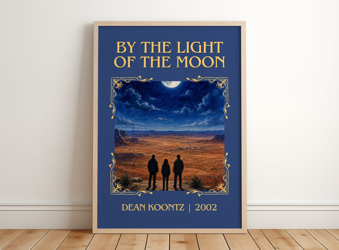 By the Light of the Moon Classic Book Art Print by Dean Koontz – framed print leaning on a wooden floor