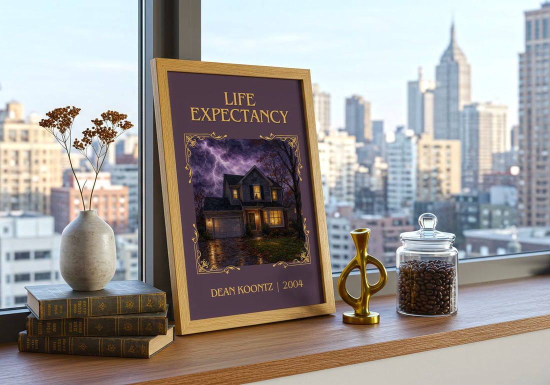 Life Expectancy Classic Book Art Print by Dean Koontz – framed print on a city-view windowsill