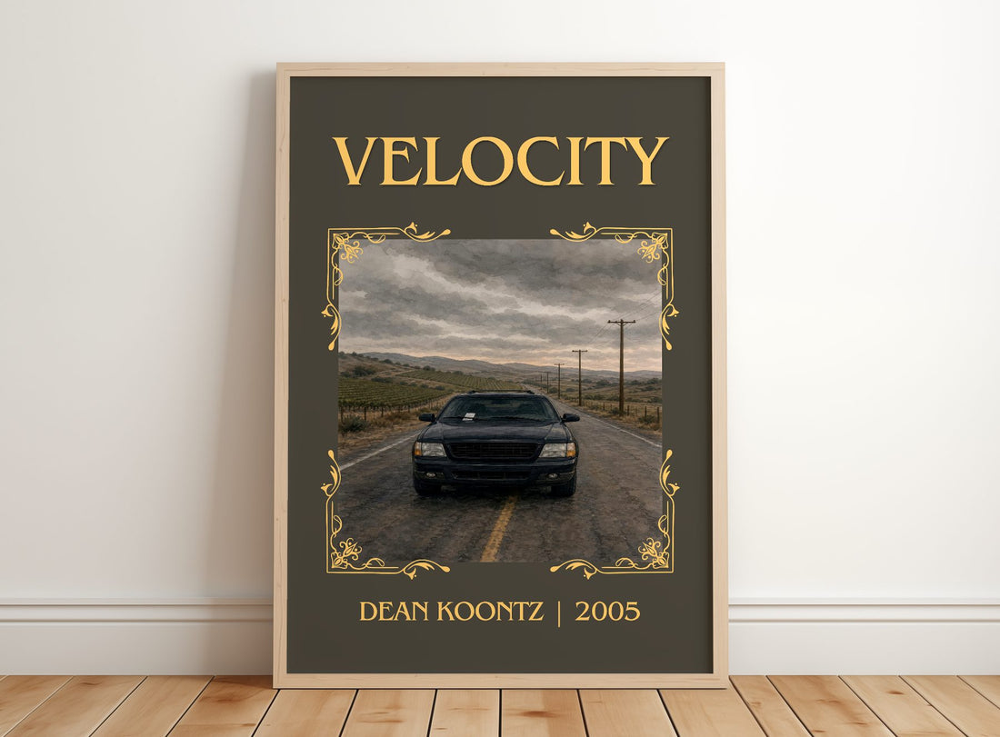 Velocity Classic Book Art Print by Dean Koontz – framed print leaning on a wooden floor