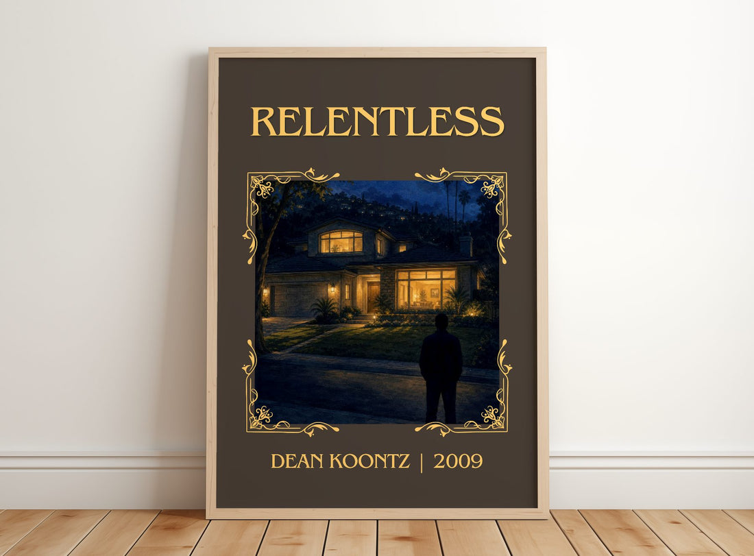 Relentless Classic Book Art Print by Dean Koontz – framed print leaning on a wooden floor