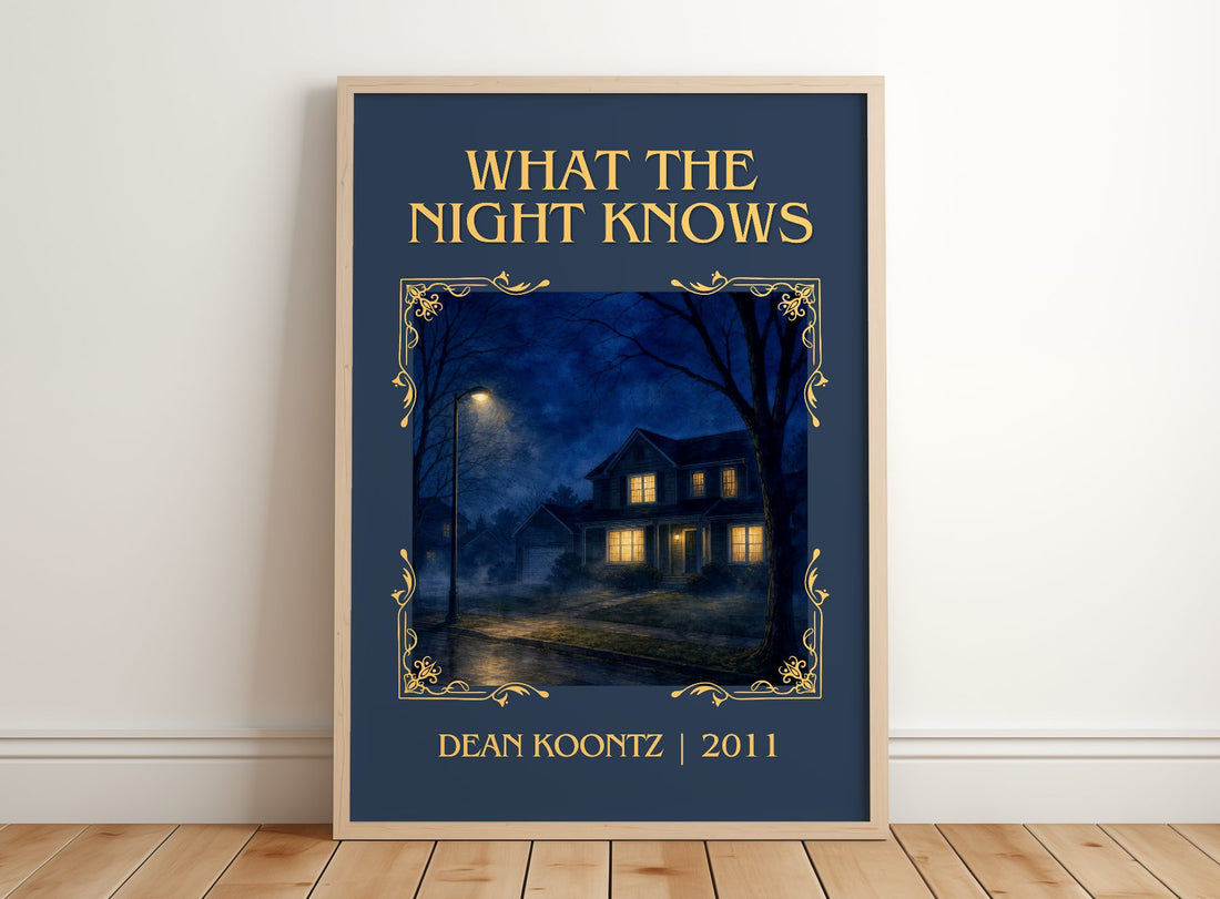 What the Night Knows Classic Book Art Print by Dean Koontz – framed print leaning on a wooden floor