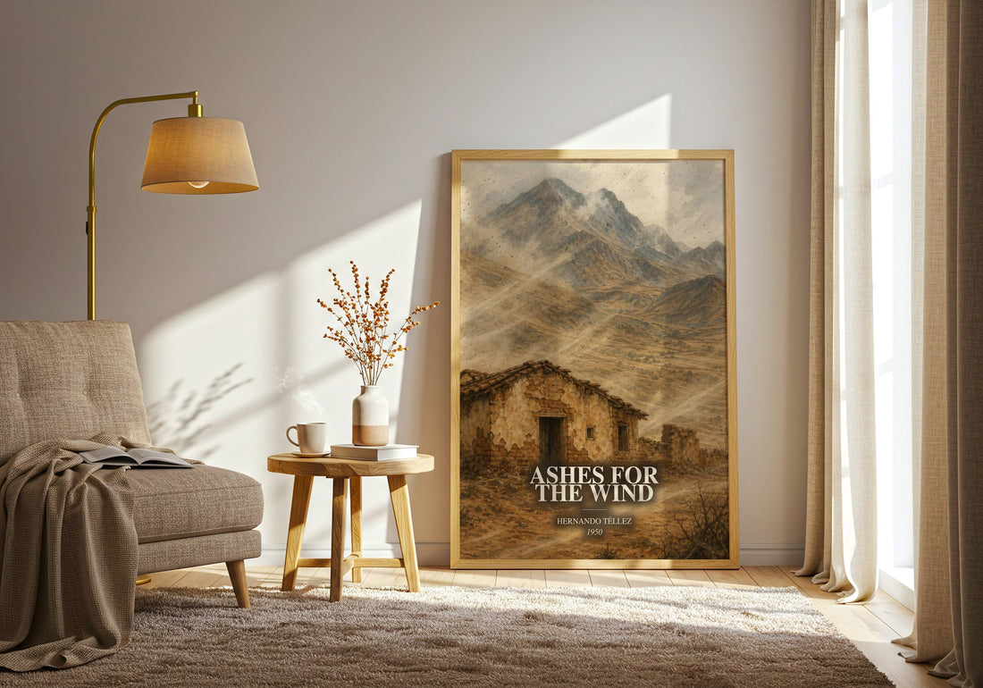 Ashes For The Wind watercolour print in frame leaning in hallway – literary fiction wall art (mockup)