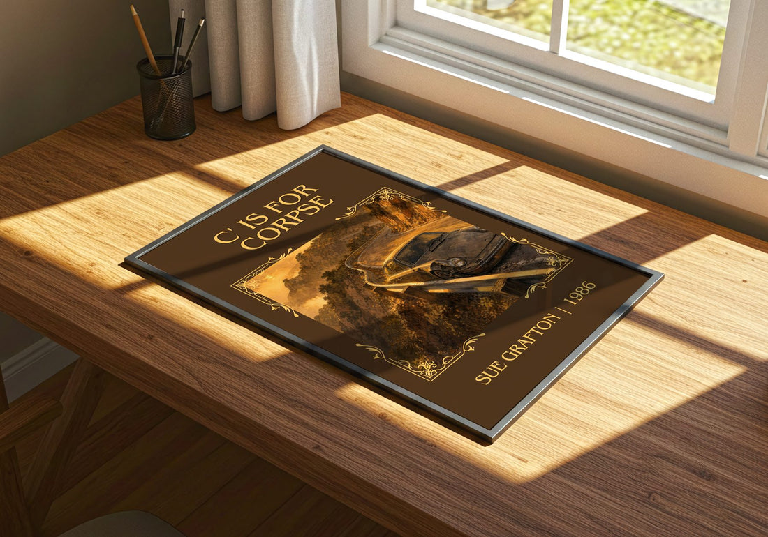 C' Is for Corpse Classic Book Art Print by Sue Grafton – print on a sunlit desk