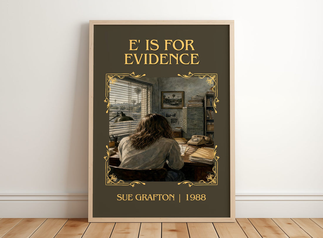 E' Is for Evidence Classic Book Art Print by Sue Grafton – framed print leaning on a wooden floor