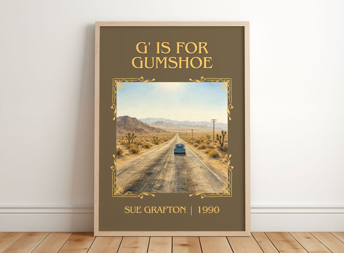 G' Is for Gumshoe Classic Book Art Print by Sue Grafton – framed print leaning on a wooden floor