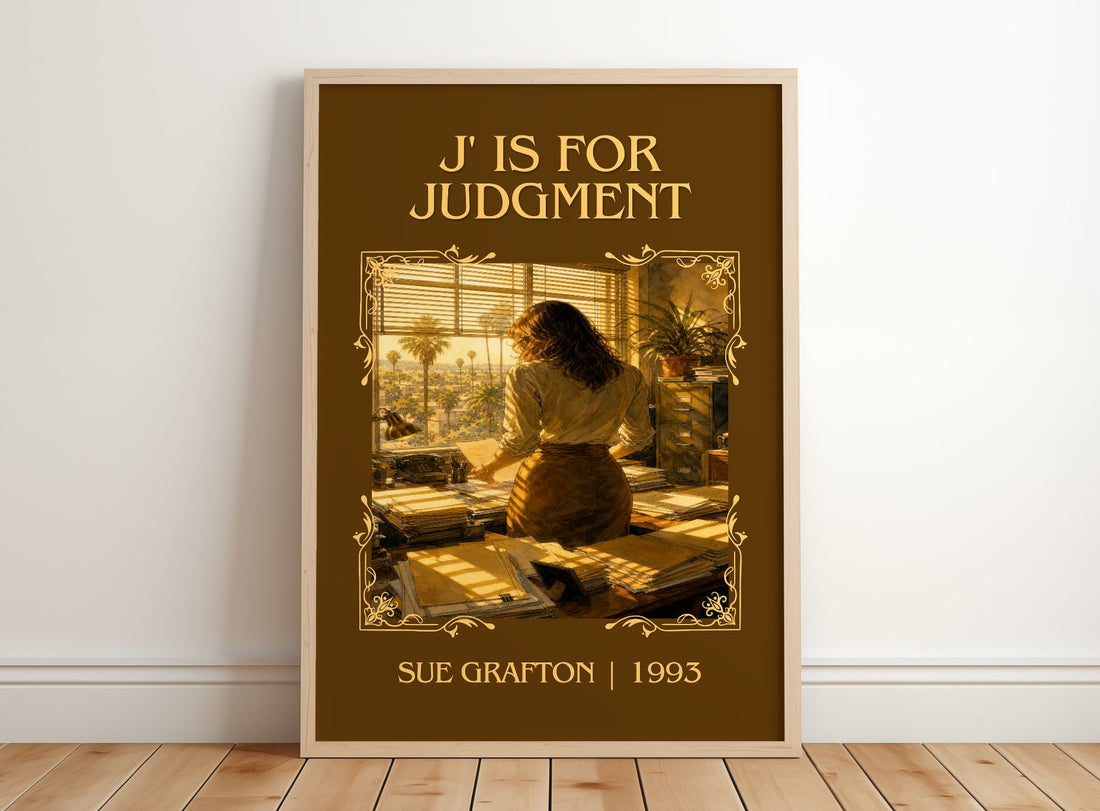 J' Is for Judgment Classic Book Art Print by Sue Grafton – framed print leaning on a wooden floor