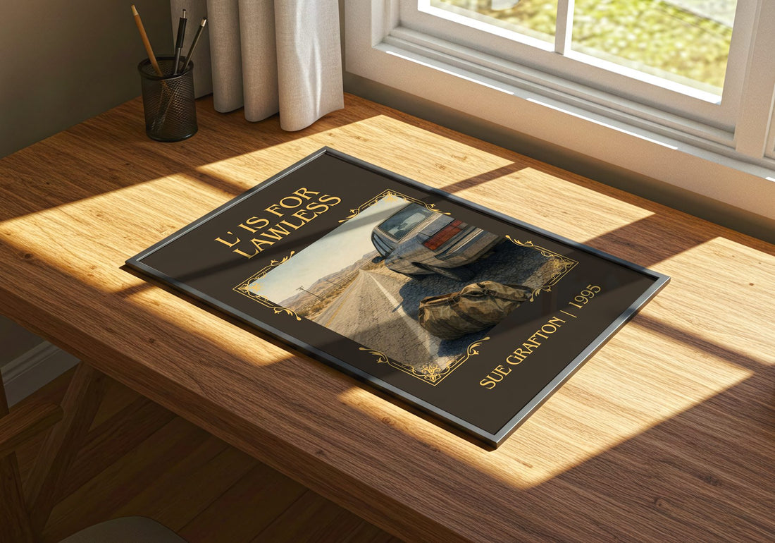 L' Is for Lawless Classic Book Art Print by Sue Grafton – print on a sunlit desk