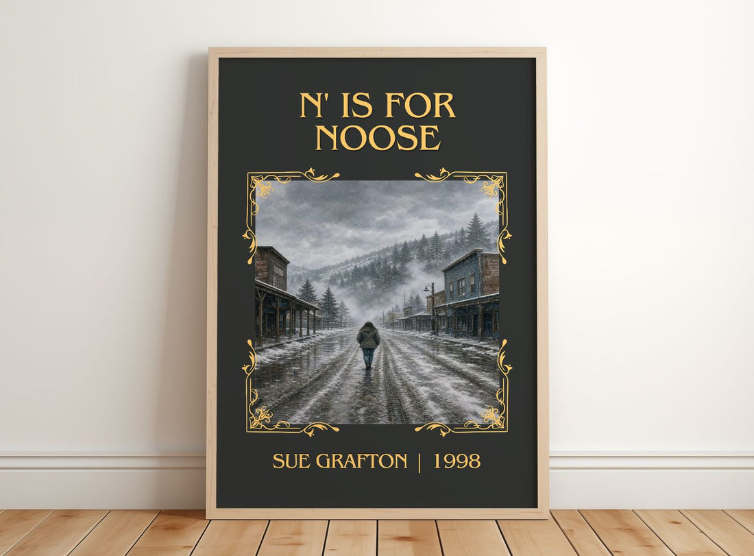 N' Is for Noose Classic Book Art Print by Sue Grafton – framed print leaning on a wooden floor
