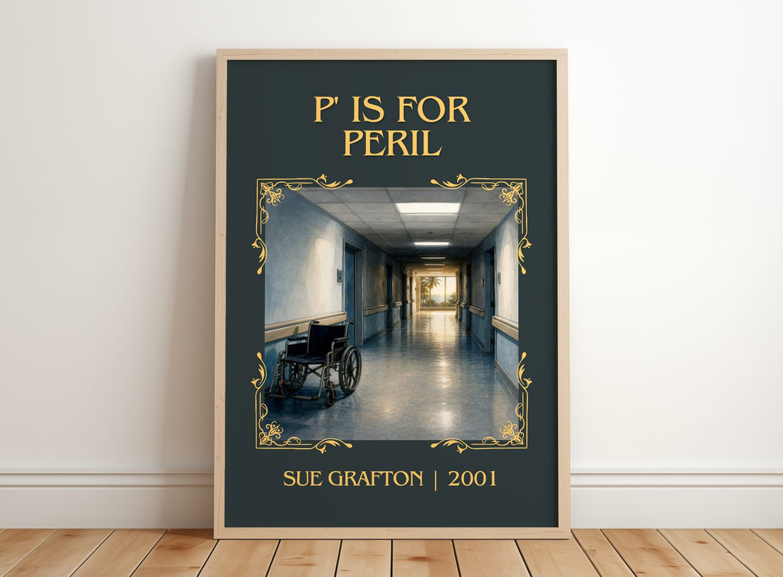 P' Is for Peril Classic Book Art Print by Sue Grafton – framed print leaning on a wooden floor