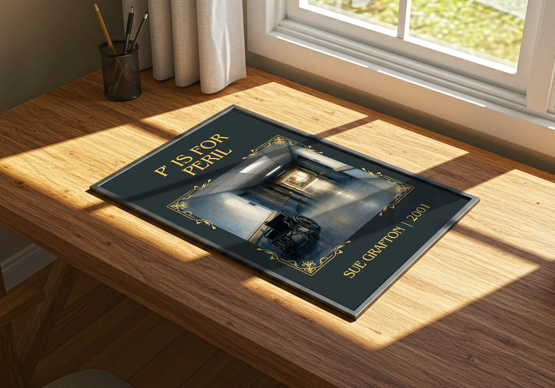 P' Is for Peril Classic Book Art Print by Sue Grafton – print on a sunlit desk