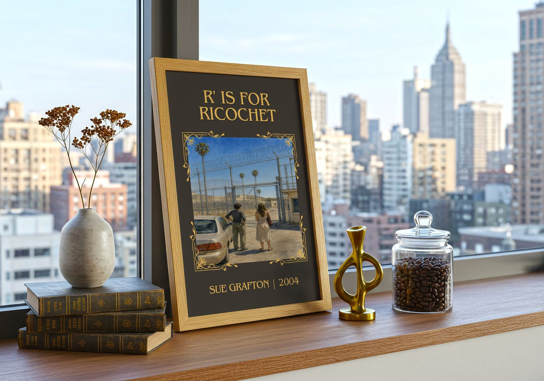 R' Is for Ricochet Classic Book Art Print by Sue Grafton – framed print on a city-view windowsill