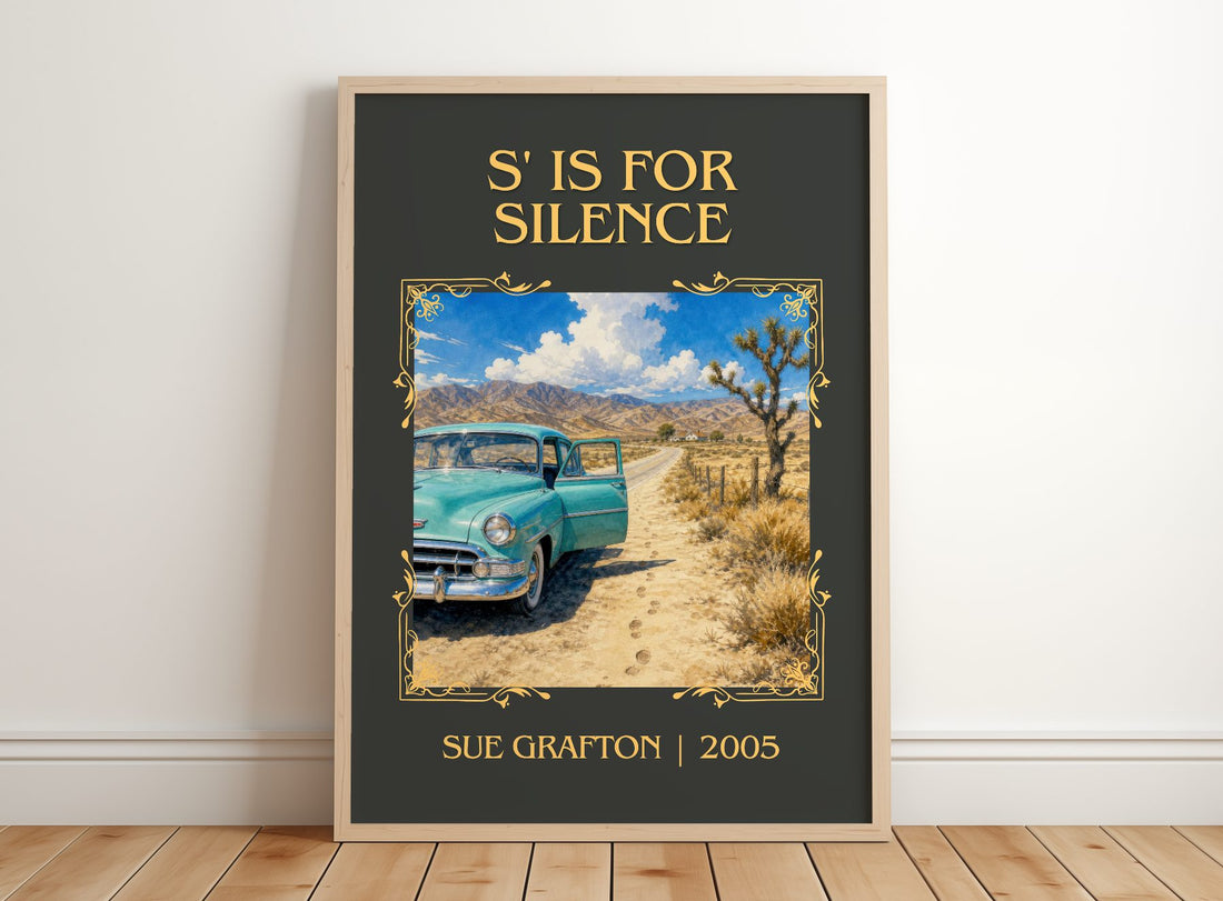 S' Is for Silence Classic Book Art Print by Sue Grafton – framed print leaning on a wooden floor