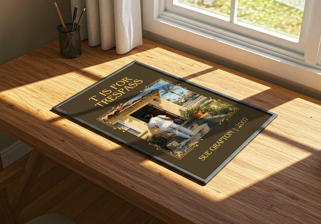 T' Is for Trespass Classic Book Art Print by Sue Grafton – print on a sunlit desk