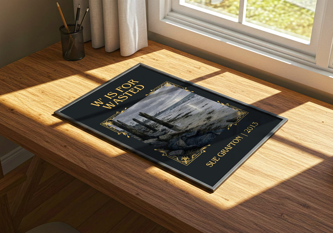 W' Is for Wasted Classic Book Art Print by Sue Grafton – print on a sunlit desk