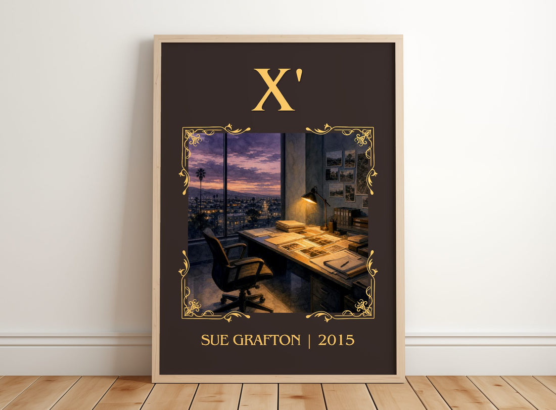 X' Classic Book Art Print by Sue Grafton – framed print leaning on a wooden floor