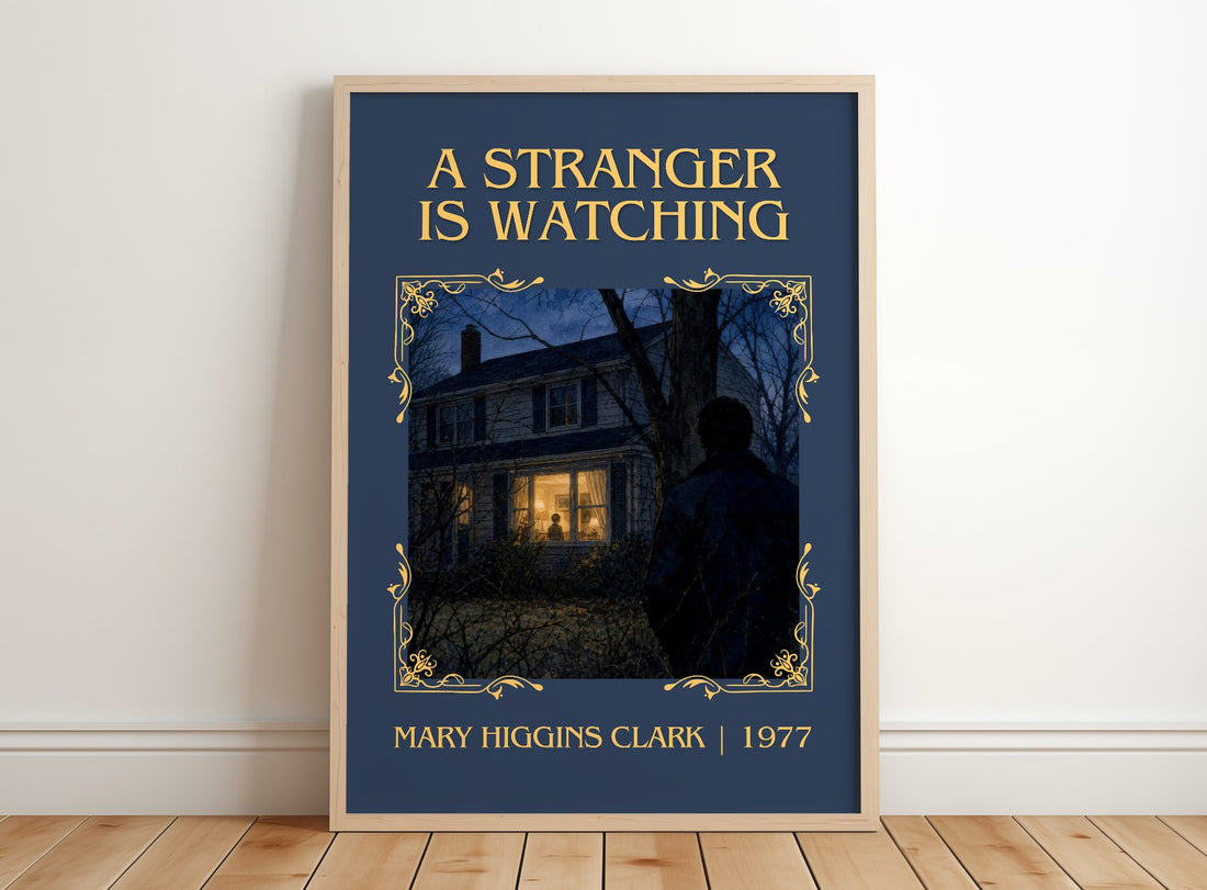 A Stranger Is Watching Classic Book Art Print by Mary Higgins Clark – framed print leaning on a wooden floor
