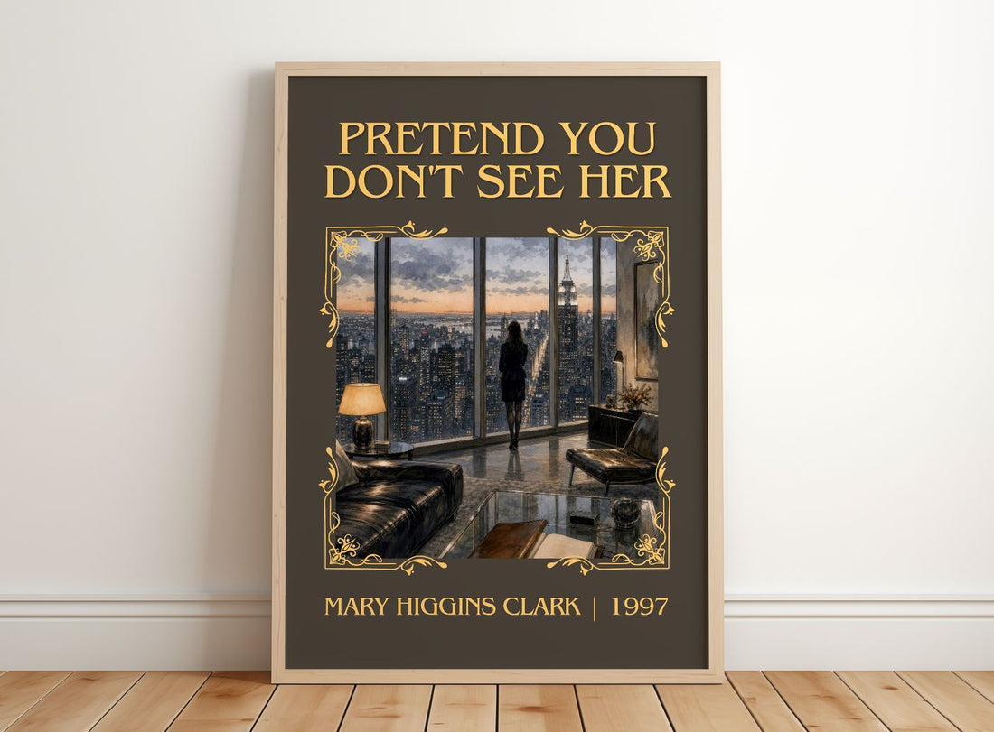 Pretend You Don't See Her Classic Book Art Print by Mary Higgins Clark – framed print leaning on a wooden floor