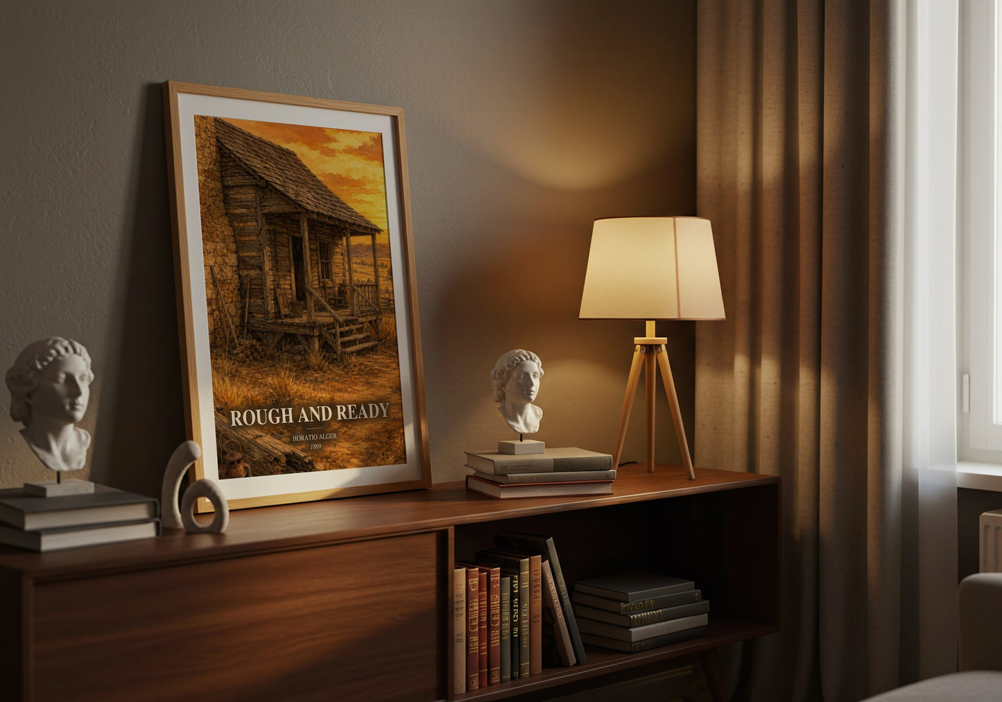 Rough And Ready watercolour print on bookshelf – Horatio Alger fan gift