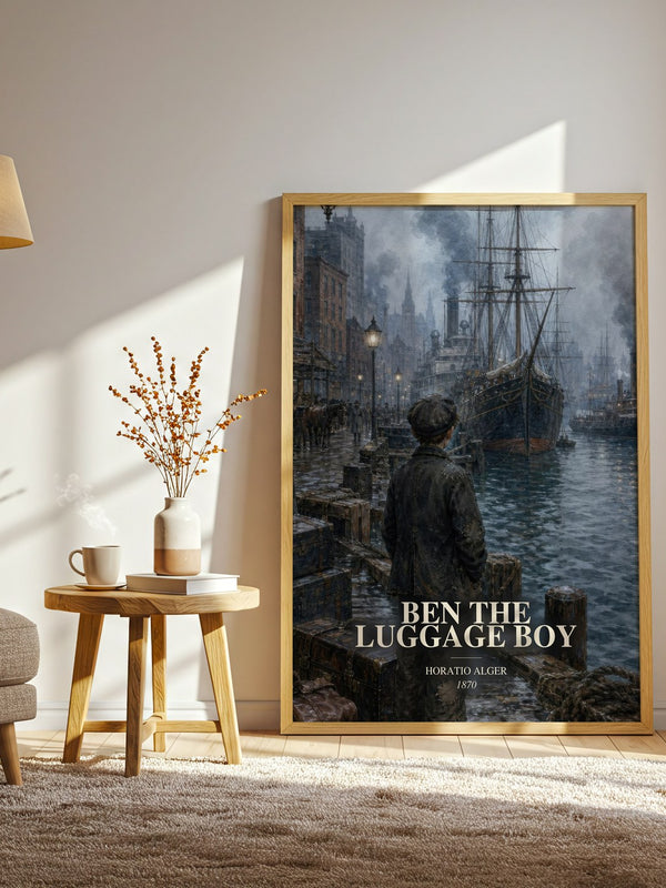 Ben The Luggage Boy watercolour print in frame leaning in hallway – childrens wall art